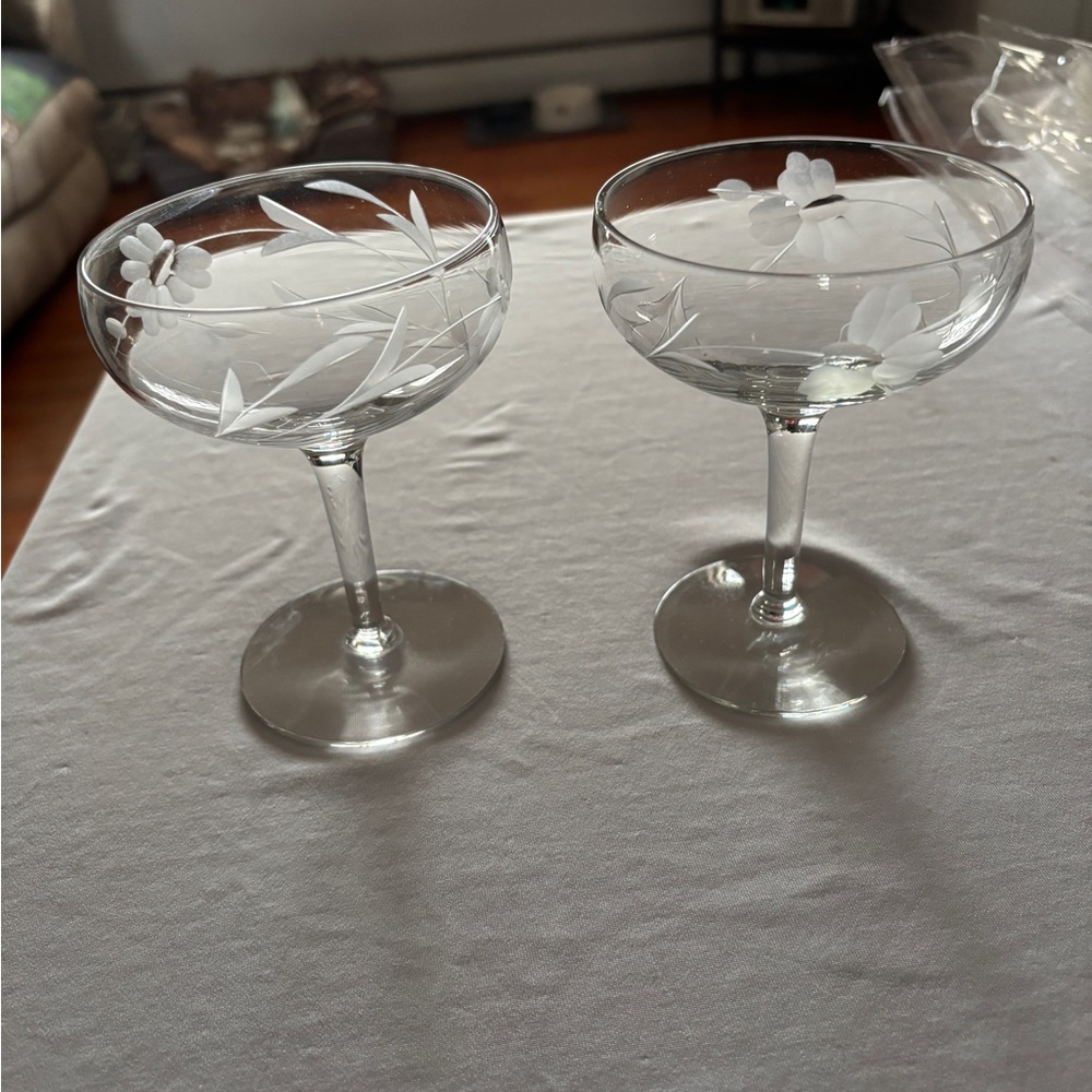 Vintage Uranium Deep Etched Coupe Glasses - Clear Crystal (Set of 2)
